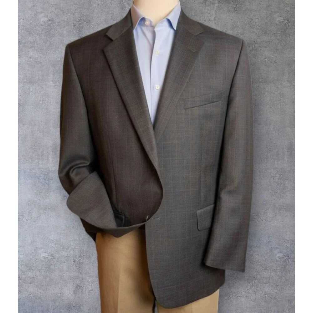 ALFANI Mens Blazer Sport Coat Two Button Jacket Plaid 46R WOOL Brown Suits